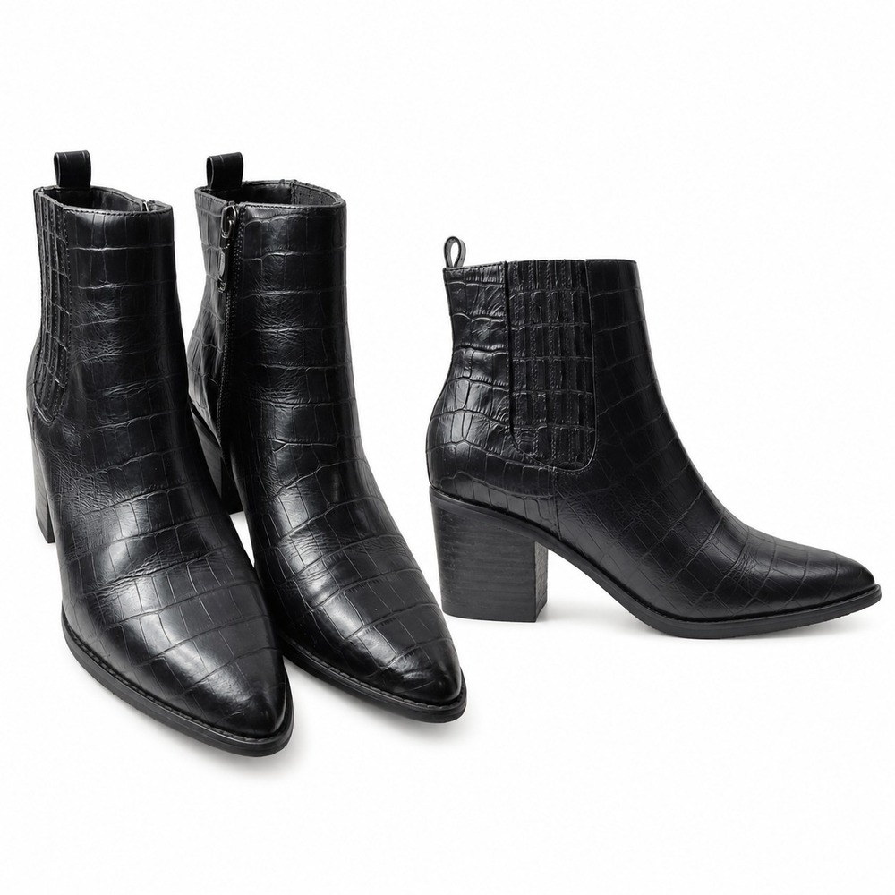 BLONDO "Elvina" Waterproof Faux Croc Embossed Ankle Boot Sz 10M Black Block Heel